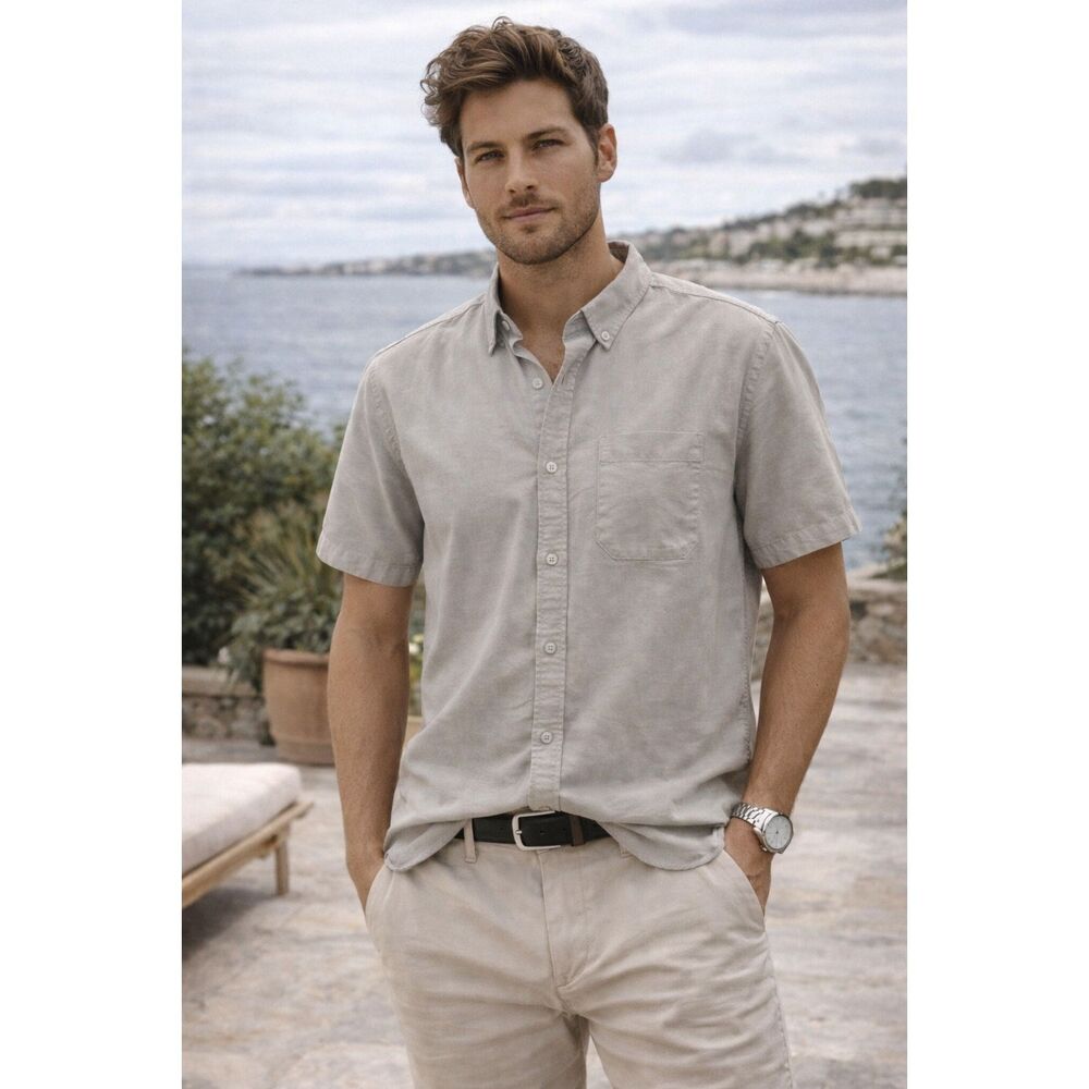 Travik Gray 100% Cotton Button Up Short Sleeve Shirt Top  Mens Size Small